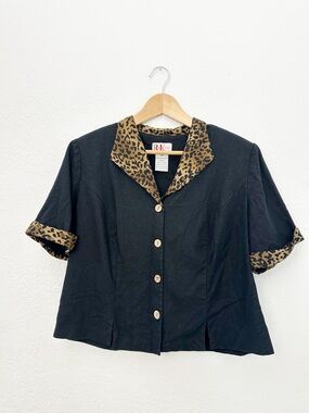 Vintage 80s Does 40s Black Linen Rayon Blend Button Front Top Leopard Trim